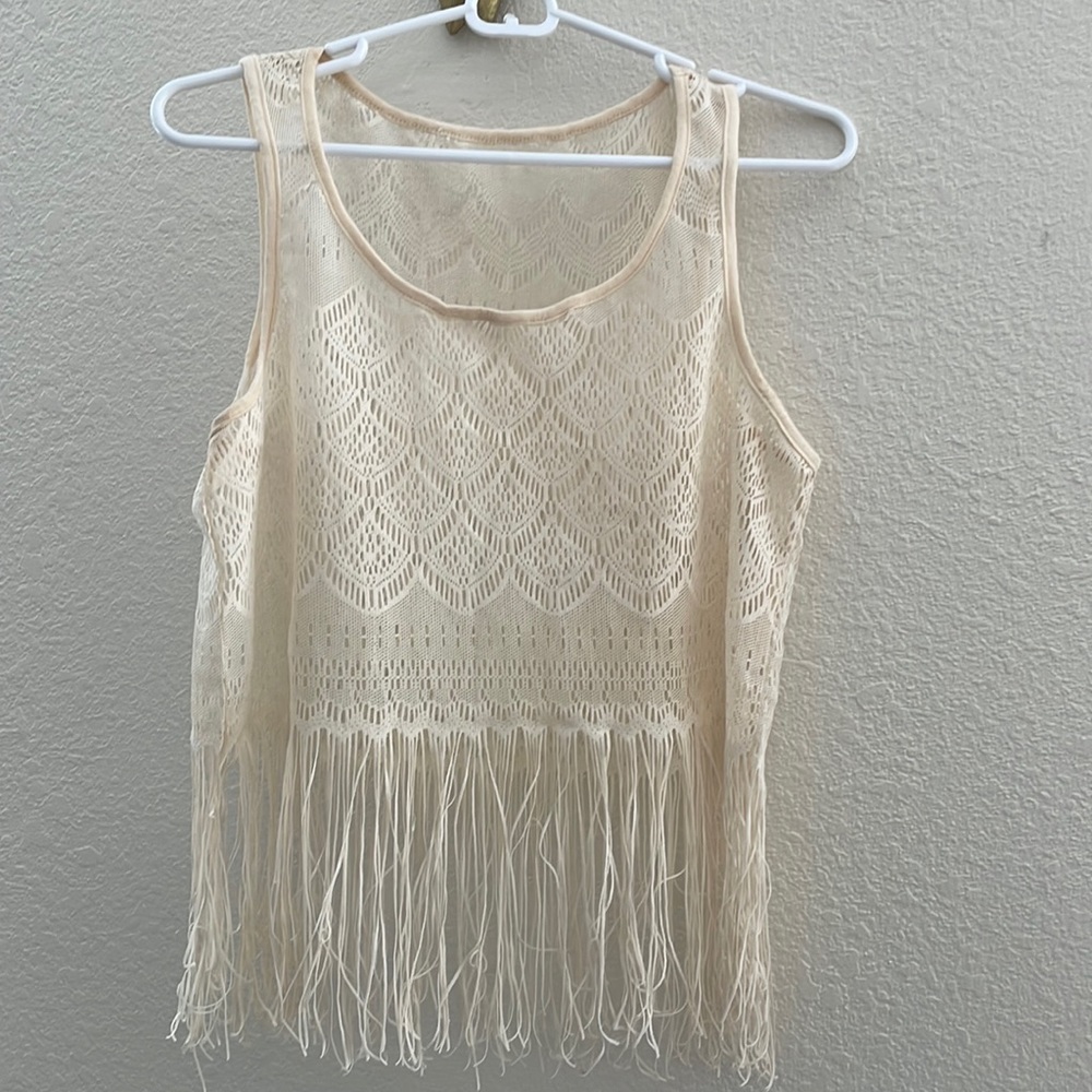 Cream fringe tank top